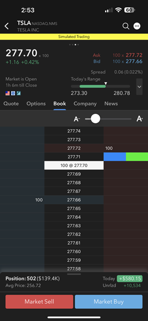 The BookTrader bid size & ask size on the iPhone. 